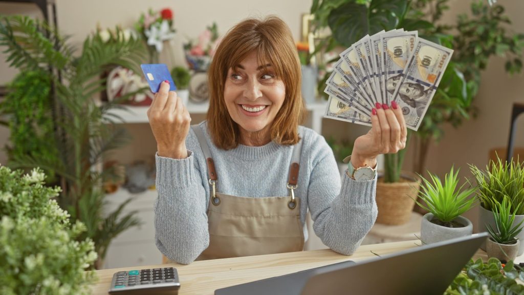 Membership business-woman-holding-credit-card-and-money