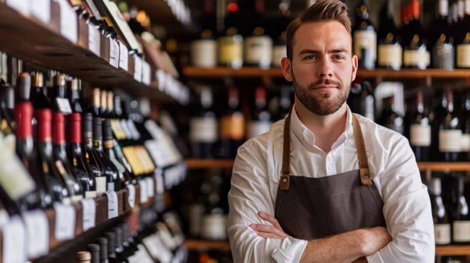 Liquor store owner with arms crossed